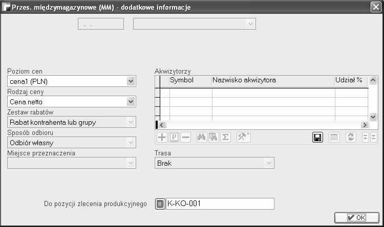 5. Dokument MM Jeżeli w definicji zlecenia Magazyn surowców i Magazyn produkcja w toku są różnymi magazynami, powinniśmy teraz wydać surowce na produkcję za pomocą dokumentu MM.