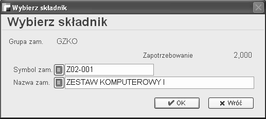 Po wybraniu z listy wyrobu pojawia się zlecenie produkcyjne, z którego został wybrany wyrób oraz proponowana jest ilość, która pozostała jeszcze do wykonania.