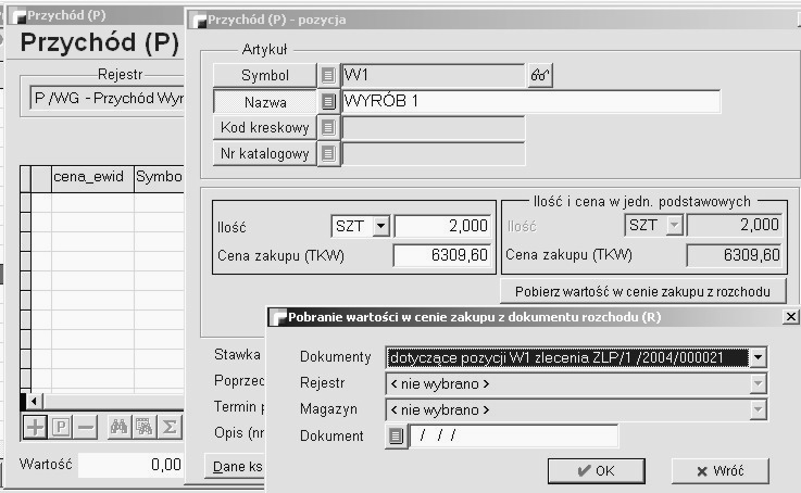 Podczas rejestracji dokumentu P można dokonać kalkulacji wartości przychodu biorąc do wyliczenia wartość w cenie zakupu surowców znajdujących się na wskazanym Rozchodzie.