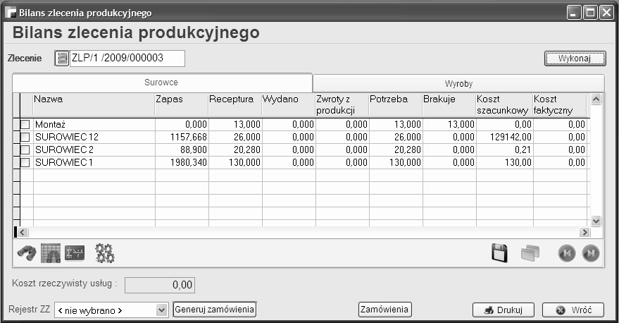 8.2. Bilans zlecenia produkcyjnego (P i R) Opcja Bilans zlecenia produkcyjnego (P i R) opiera się na dokumentach przychodu oraz rozchodu wewnętrznego generowanych automatycznie oraz ręcznie.