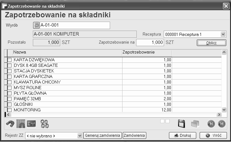 8.4. Bilans pozycji zlecenia produkcyjnego (P i R) Działa jak bilans zlecenia produkcyjnego z ograniczeniem do jednej pozycji zlecenia.