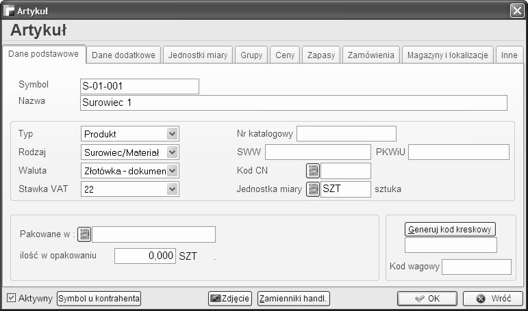 patrz Podręcznik Podstawowy Część II - rozdział Kartoteki -> Artykuły Jeżeli chcemy wprowadzić nowy surowiec/materiał lub odpad, typem artykułu konieczne musi być Produkt.