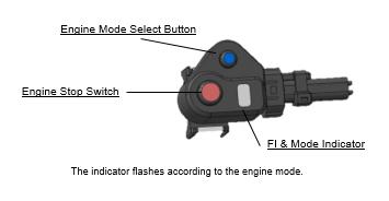Po lewej stronie kierownicy znajduje się panel sterujący: EFI, EMSB (mapy zapłonu), ledowa kontrolka i przycisk start/stop (elektryczny starter jest w standardzie), co znacznie ułatwia restart
