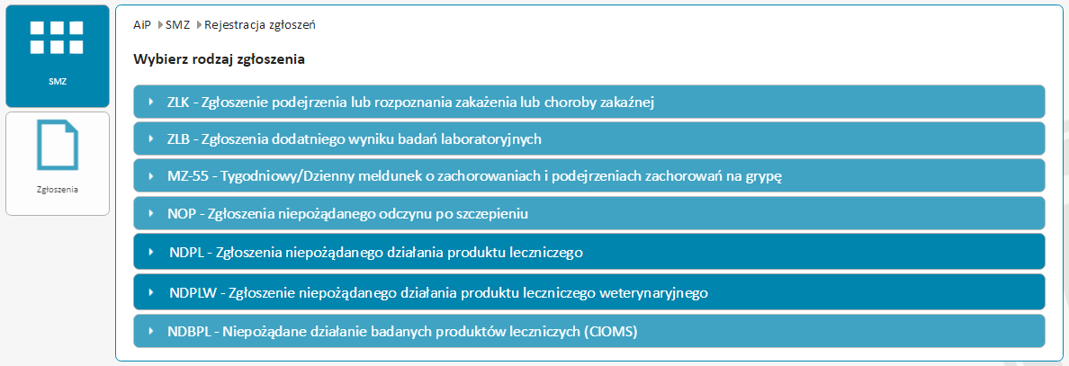 Rysunek 5 Moduły systemu SMZ Następnie system prezentuje ekran umożliwiający wybór rodzaju zgłoszenia.