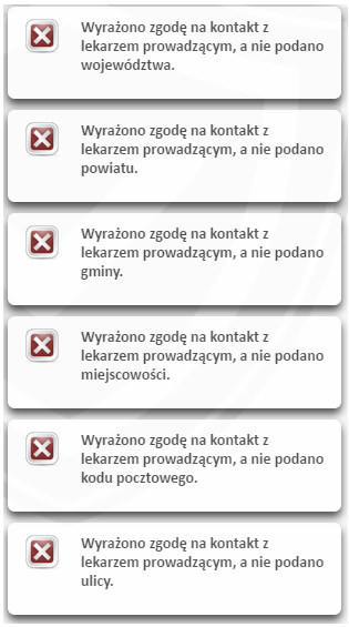 Brak wypełnienia obowiązkowych pół w sekcji Adres, skutkuje wyświetleniem poniższych komunikatów: Rysunek 33 Komunikaty błędów w