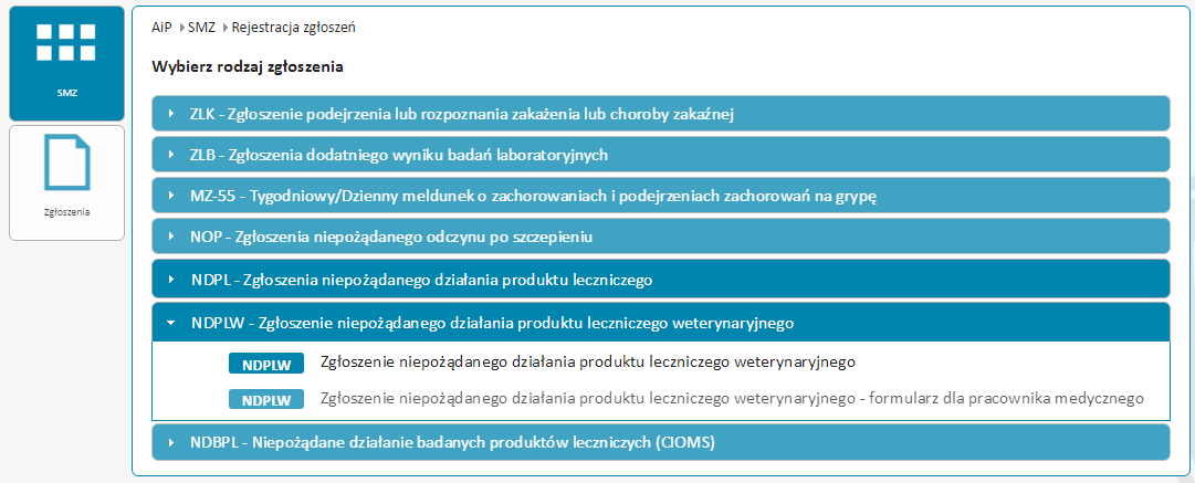 Rysunek 42 Wybór zgłoszenia NDPLW Spowoduje to rozwinięcie menu, z którego należy wybrać pozycję: NDPLW Zgłoszenie niepożądanego działania produktu leczniczego weterynaryjnego.