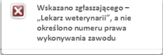 Rysunek 49 Komunikat błędu dla pól Nazwisko lub Imię Brak wypełnienia obowiązkowych pól w sekcji Dane osoby zgłaszającej (Kod pocztowy, Nazwa poczty, Województwo, Powiat, Gmina, Miejscowość, Nr domu,