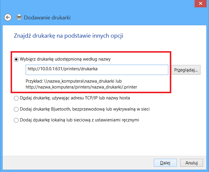 KROK 4: Wybierz Drukarki, której szukam, nie ma na liście, aby dodać ją ręcznie.