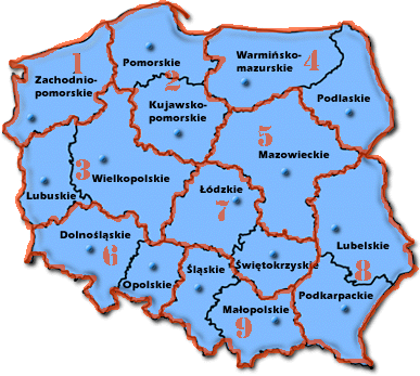 Polska z podziałem na 9 okręgów Mapa przedstawia 9 okręgów, na które podzielona jest Polska: 1. Szczecin, Koszalin, Słupsk 2. Gdańsk, Elbląg, Bydgoszcz, Toruń 3. Gorzów Wlkp.
