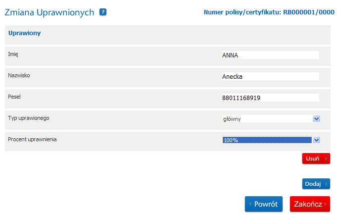 Wybór tej ścieżki spowoduje wyświetlenie danych uprawnionego jakie możemy edytować dla danej/danego Polisy/Certyfikatu.