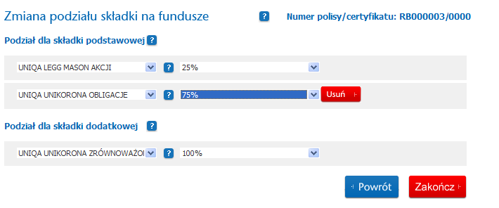 Kliknięcie przycisku pokazuje ekran do zmiany podziału składki na fundusze tzn.