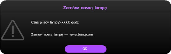 Ustalanie czasu wymiany lampy Gdy kontrolka Lamp świeci się na czerwono lub na ekranie wyświetlany jest komunikat wskazujący, że konieczne jest już dokonanie wymiany lampy, należy zamontować nową