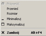 zostały tam podstawowe operacje jakie mogą być wykonywane na oknie: Przywróć przywraca poprzedni stan okna, Przenieś przesunięcie okna na ekranie monitora, Rozmiar zmiana rozmiaru okna, Minimalizuj