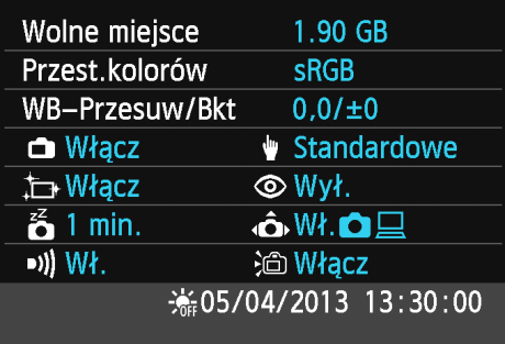 Przydatne funkcje B Sprawdzanie ustawień aparatu Podczas wyświetlania ustawień fotografowania (str. 51) naciśnij przycisk <B>, aby wyświetlić ustawienia najważniejszych funkcji aparatu.