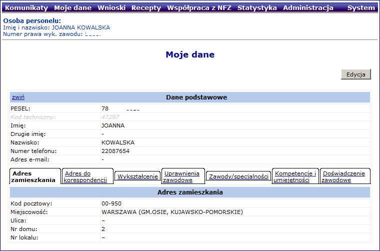 5. Obszar: Moje dane Obszar Moje dane zawiera informacje o osobie personelu przechowywane w systemie informatycznym OW NFZ.