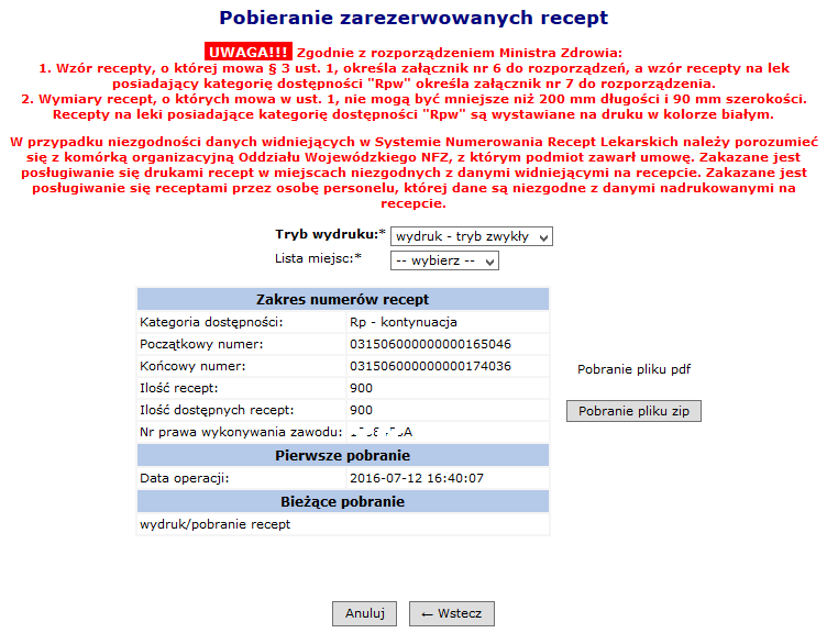 Rys. 7.7 Przykładowe okno Recept osoby personelu 2. Wybrać opcję pobieranie recept. Wyświetlone zostanie okno Pobieranie zarezerwowanych recept. Rys. 7.8 Przykładowe okno Pobierania zarezerwowanych recept 3.