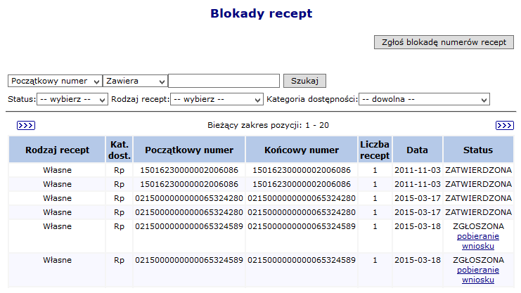 Rys. 7.17 Przykładowe okno Blokady recept Lista Blokady recept wyświetla informacje o wszystkich dotychczas złożonych blokadach numerów recept wykonanych dla osoby personelu.