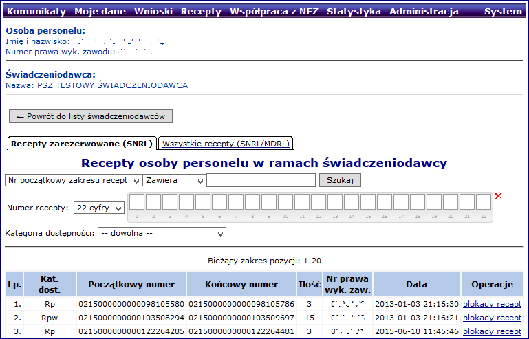 Wybór opcji rezerwacje recept spowoduje wyświetlenie listy Recept osoby personelu w ramach świadczeniodawcy. Rys. 7.