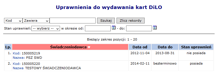 Rys. 8.9 Przykładowe okno Uprawnienia do wydawania kart DiLO W oknie prezentowana jest lista świadczeniodawców, którzy upoważnili lekarza do wydawania kart DiLO w ramach ich podmiotu.