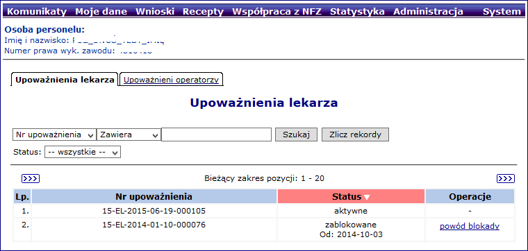 2. Jeśli Wniosek o upoważnienie dla lekarza został wprowadzony, zostanie on domyślnie ustawiony w części Wniosek nadrzędny lekarza.