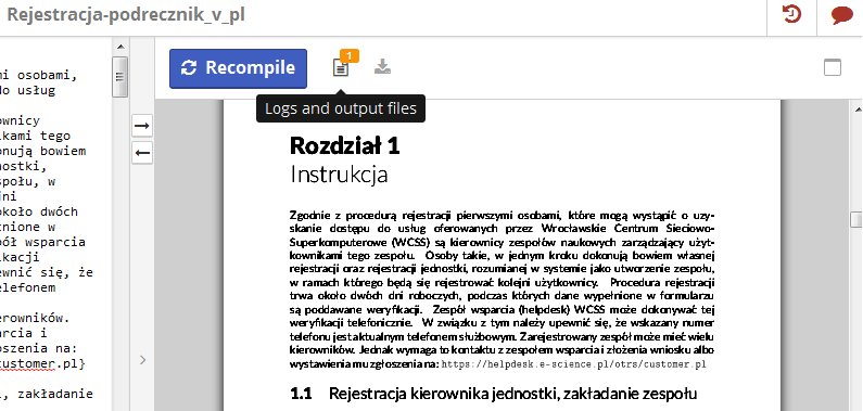 1.5 Tryb pełnoekranowy Rys. 1.5: Generowanie pliku pdf i przeglądanie komunikatów diagnostycznych kompilacji Przycisk Download PDF służy do otwierania dokumentu pdf w nowym oknie przeglądarki.