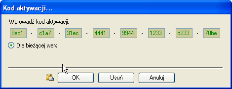 Kod aktywacji składa się z 16 lub 32 heksadecymalnych znaków podzielonych (w celu prostszego wprowadzenia) na 8 grup. Wielkość liter podczas wprowadzania nie jest istotna.