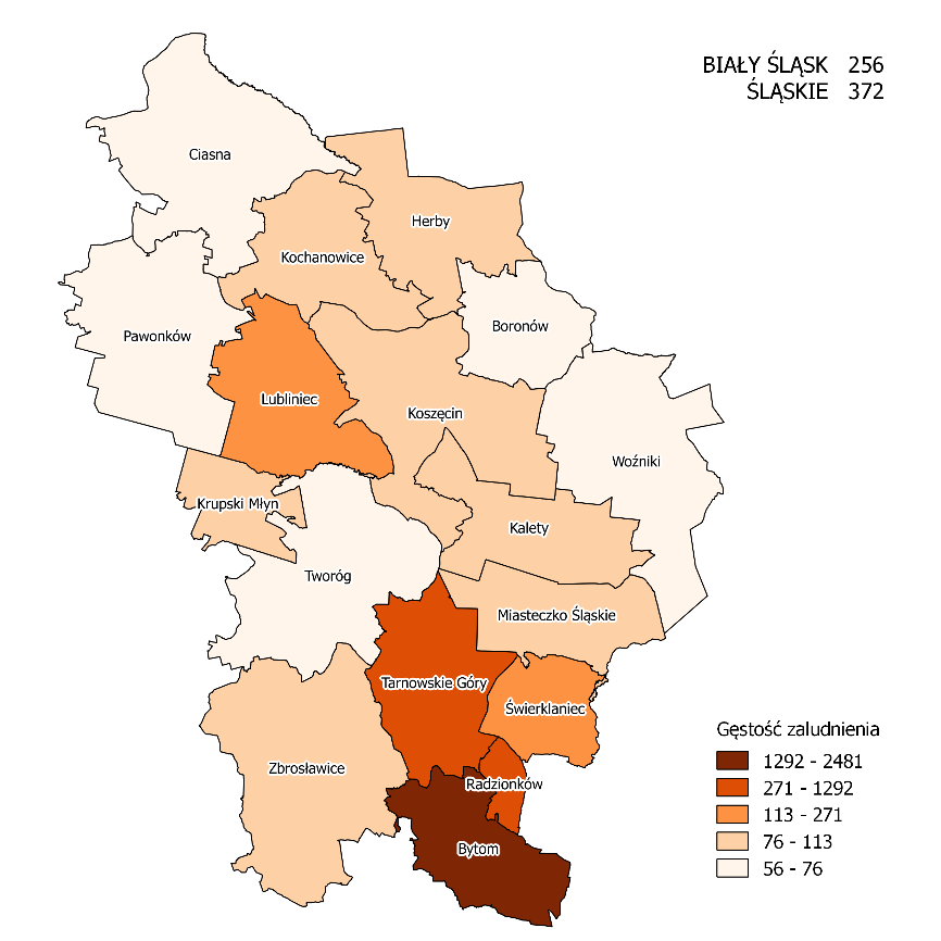 Rysunek 5 Gęstość zaludnienia w gminach Białego Śląska w 2014 r. Źródło: opracowanie własne na podstawie danych BDL, GUS. Od 2000 roku liczba ludności na terenie Białego Śląska systematycznie spada.