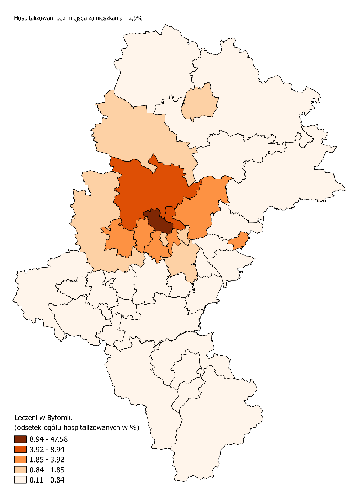 Rysunek 8 Odsetek ludności leczącej się w Bytomiu w 2014 r. Rysunek 9 Odsetek ludności leczącej się w powiecie lublinieckim w 2014 r.