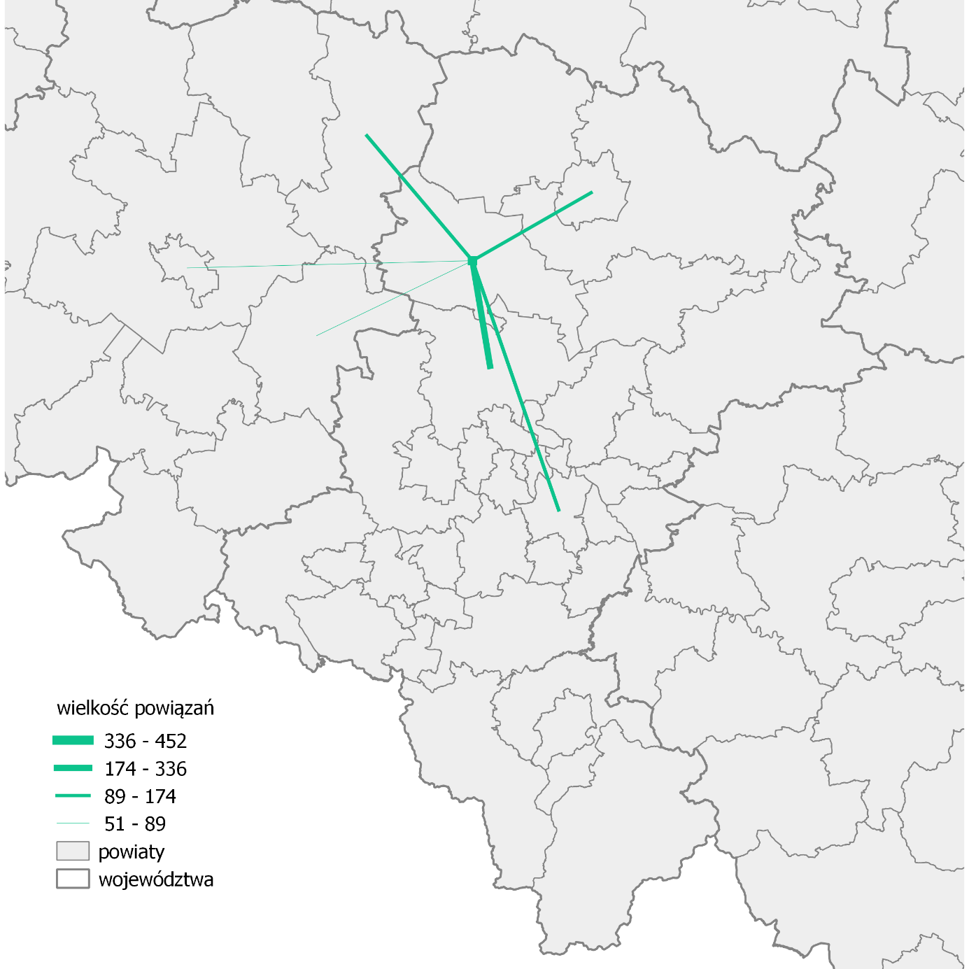 Rysunek 15 Powiązania gospodarczo-przestrzenne powiatu lublinieckiego (minimum 50 powiązań).