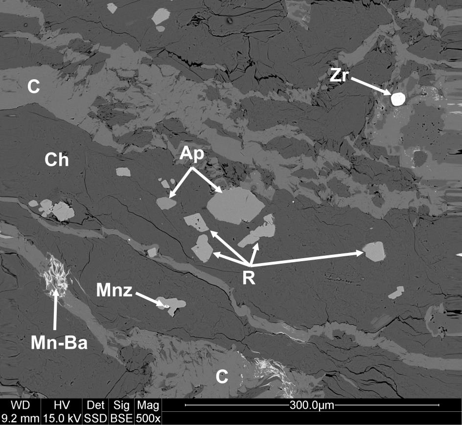 tlenek Mn Ba, przypuszczalnie hollandyt (?) (Fig. 5.2.10 5.2.11). Występują one przeważnie w formie małych wtrąceń pomiędzy węglanami a agregatami chlorytowymi. Fig. 5.2.9.