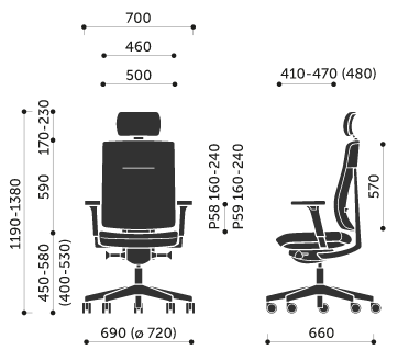 KS - Krzesło do sekretariatu z zagłówkiem Podstawa pięcioramienna, wykonana ze stopu metali lekkich, polerowana. Samohamowne miękkie kółka jezdne fi 65 mm do powierzchni twardych.