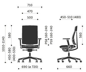 KP - Krzesło pracownicze Podstawa pięcioramienna, wykonana ze stopu metali lekkich, polerowana. Samohamowne miękkie kółka jezdne fi 65 mm do powierzchni twardych.