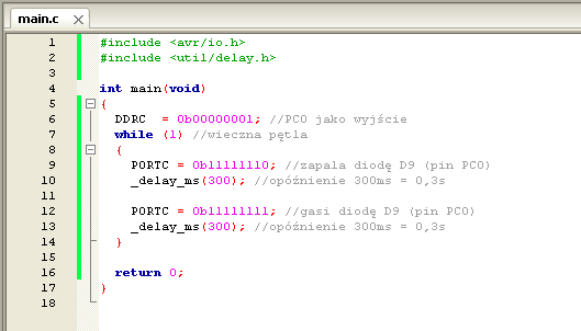 Teraz użytkownik będzie widział pulsującą diodę D9 Oczywiście efekt pulsowania można wykonać dla wszystkich diod led Wystarczy zmienić wartość w DDRC oraz w pierwszej linijce ustawiającej PORTC Jak
