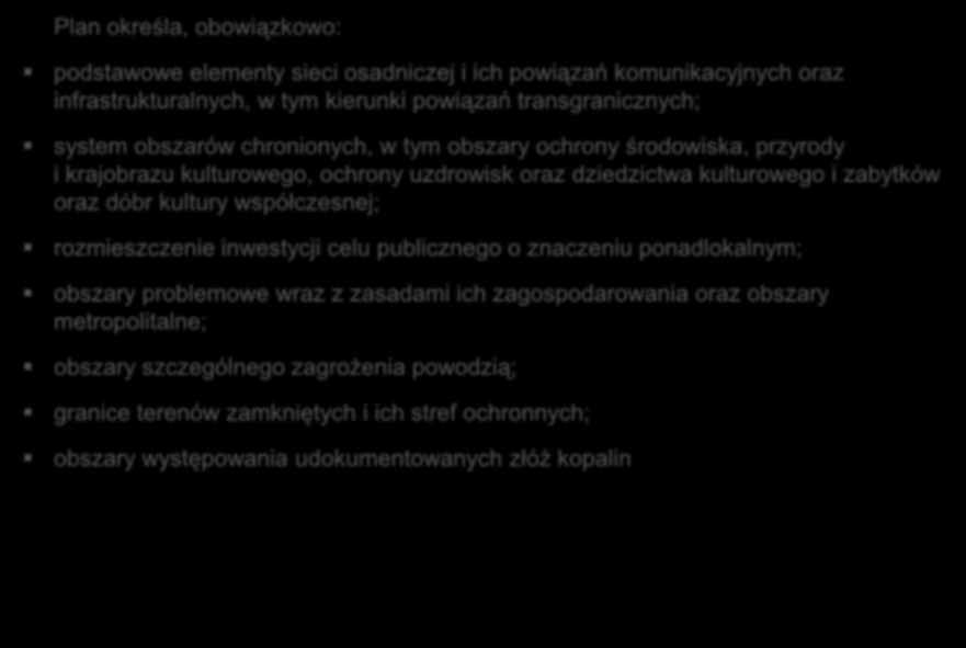 Ustalenia planu województwa Plan określa, obowiązkowo: podstawowe elementy sieci osadniczej i ich powiązań komunikacyjnych oraz infrastrukturalnych, w tym kierunki powiązań transgranicznych; system