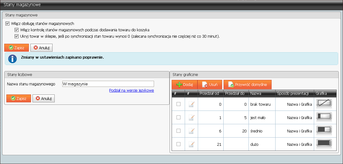 Rys. 126 Panel administracyjny, Konfiguracja, Prezentacja asortymentu, Stany magazynowe.