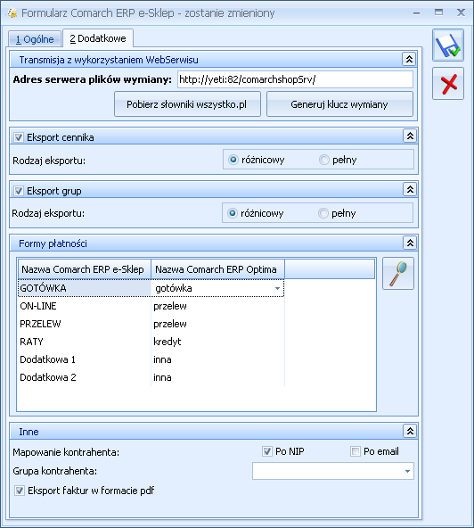 Rys. 5 Konfiguracja Comarch ERP e-sklep zakładka Dodatkowe 2.4 