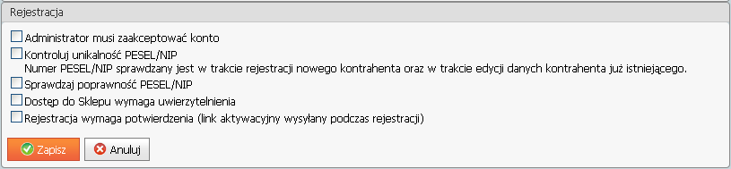 rejestracja wymaga potwierdzenia (link aktywacyjny wysyłany podczas rejestracji) Rys. 144 Panel administracyjny, Konfiguracja, Obszar klienta, Rejestracja.