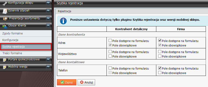 Uwaga: Ustawienia te obowiązują w nowym pluginie Szybka rejestracja oraz w wersji mobilnej sklepu.