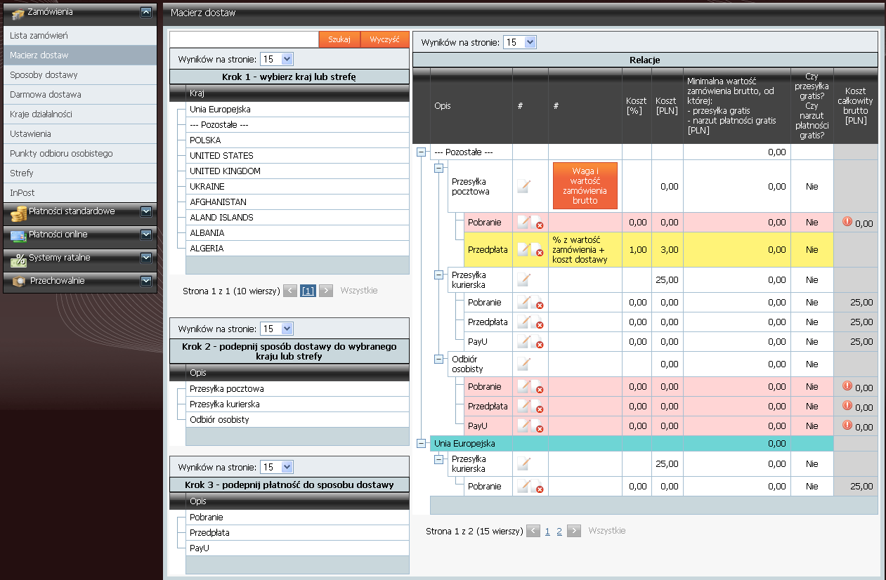 Macierz dostaw Funkcjonalność ta umożliwia administratorowi sklepu zdefiniowanie form płatności w zależności od wybranego sposobu dostawy towaru w danym kraju lub strefie.