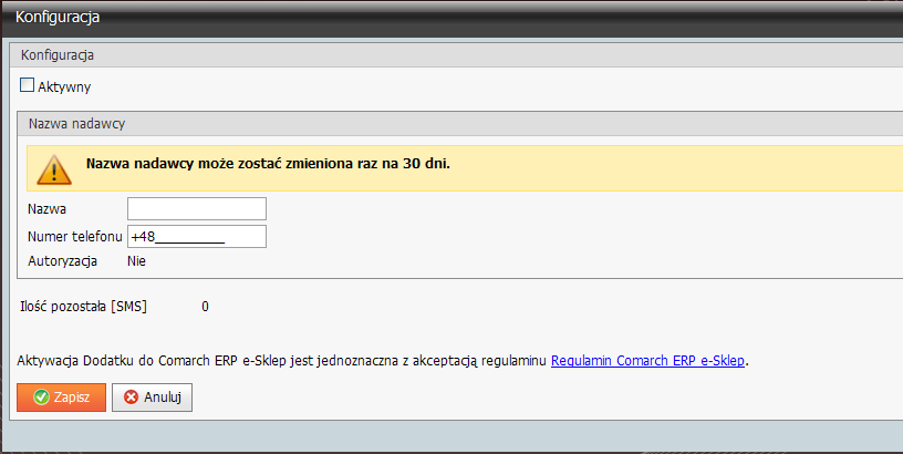 ustalić nazwę i numer telefonu nadawcy sprawdzić ilość pozostałych wiadomości SMS Rys. 331 Panel administracyjny, Zarządzanie treścią, SMS, Konfiguracja.