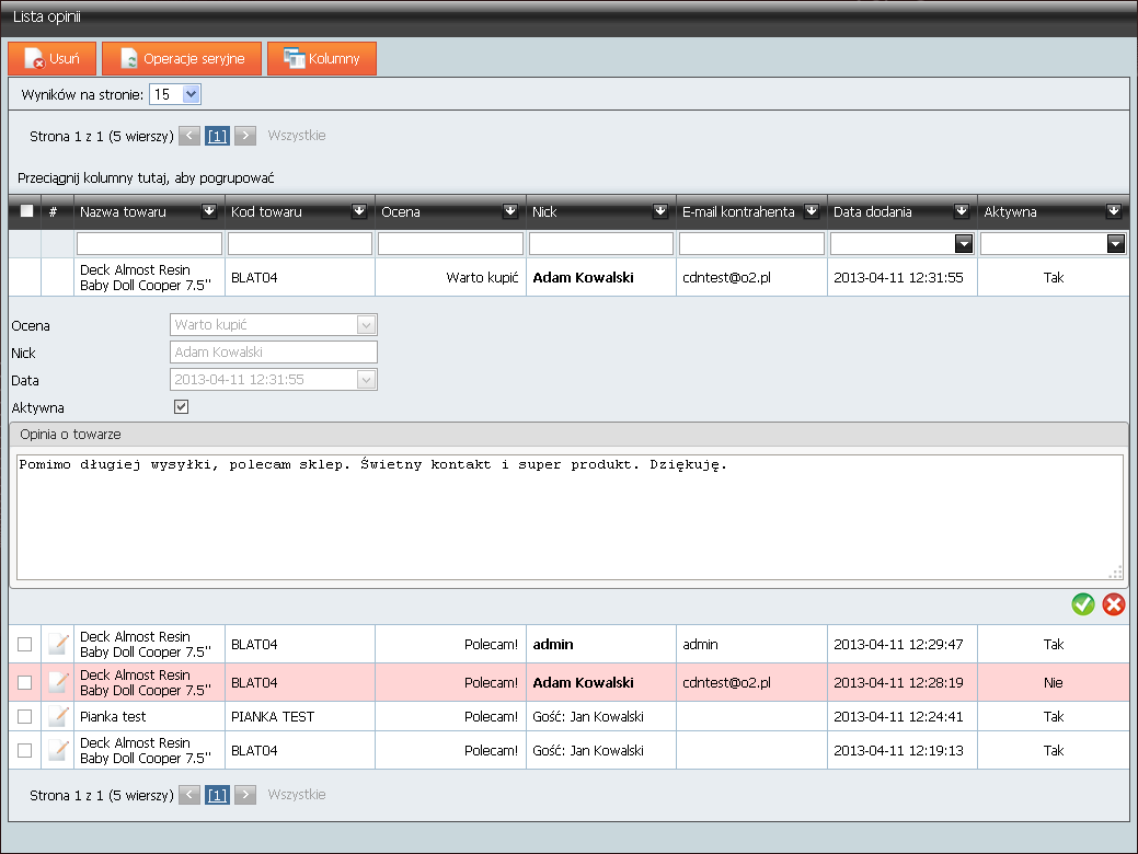 Rys. 347 Panel administracyjny, Zarządzanie treścią, Opinie, Lista opinii.