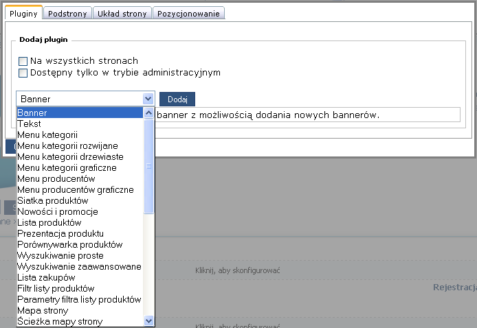 3.4.3.1 Pluginy W zakładce możliwe jest dodawanie kolejnych komponentów do strony bieżącej lub wszystkich stron.