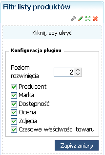 Rys. 407 Plugin Filtr listy produktów, opcje konfiguracyjne. Aby zmienić poziom rozwinięcia należy wybrać dany poziom i nacisnąć przycisk.