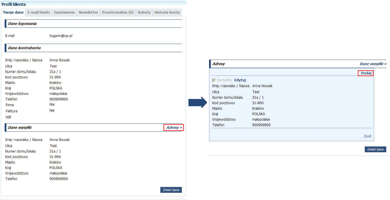 Rys. 494 Plugin Profil klienta, Zakładka Twoje dane. W zakładce Twoje dane klienci mają możliwość definiowania wiele adresów wysyłki.