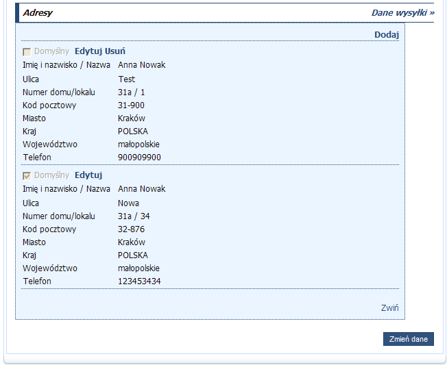 Rys. 496 Plugin Profil klienta, zakładka Twoje dane, dodawanie adresu wysyłki krok 2. Jest możliwość ustawienia nowego adresu jako domyślnego w sklepie. W tym celu należy zaznaczyć check Domyślny.