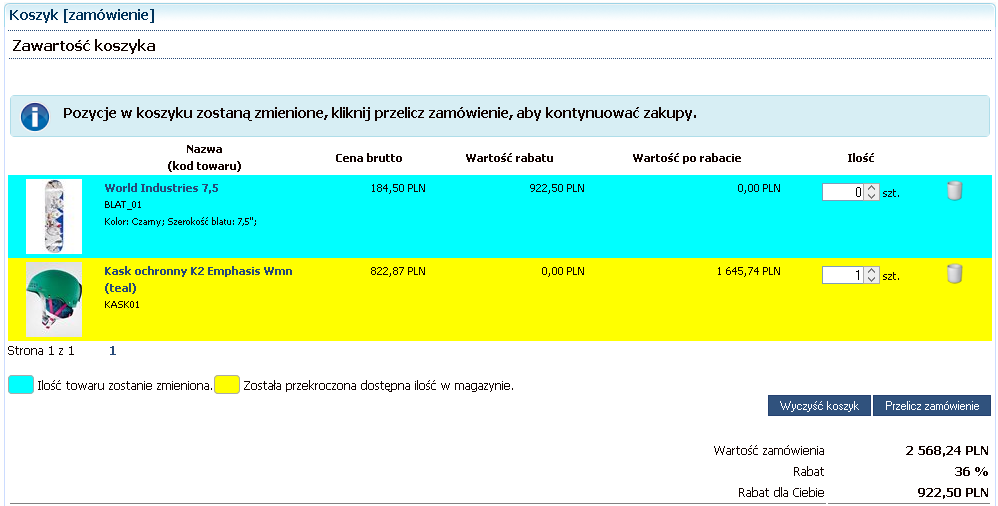 W pluginie Koszyk po modyfikacji zawartości koszyka, wartość zamówienia jest przeliczana automatycznie.