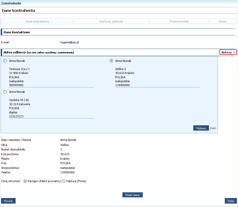 Rys. 547 Zaniechany: Koszyk[zamówienie], Dane kontrahenta, wybór innego adresu wysyłki. Pojawi się lista wszystkich zdefiniowanych adresów wysyłki.