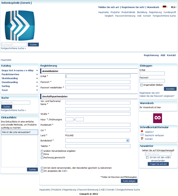 Rys. 561 Rejestracja w Comarch ERP e-sklep w języku niemieckim. 5.14 Kontakt klienta ze sklepem W Comarch ERP e-sklep klient ma możliwość kontaktu z administracją sklepu wybierając odpowiednią dla niego opcję kontaktu.