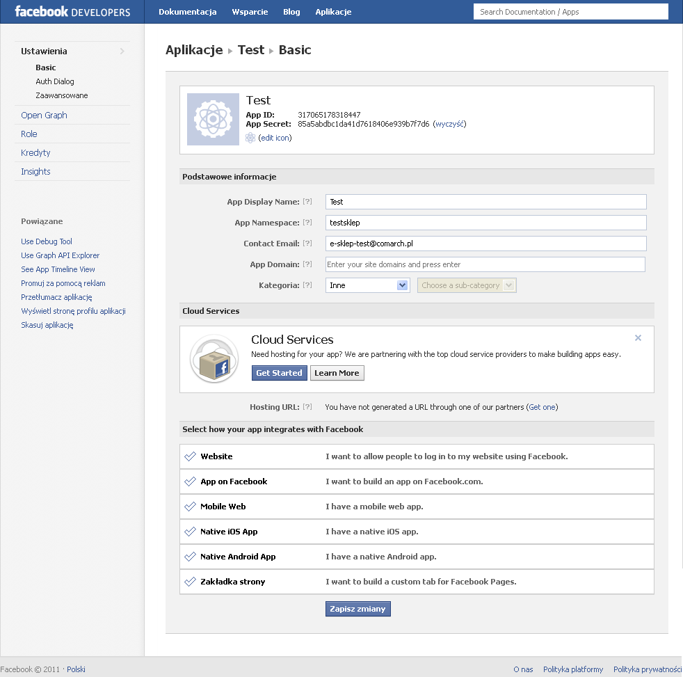 Rys. 574 Facebook, tworzenie aplikacji krok 3. 6. Następnie pojawi się okno edycji aplikacji, w którym można zmodyfikować podstawowe informacje, m.in. dane kontaktowe, wgrać logo. Rys.