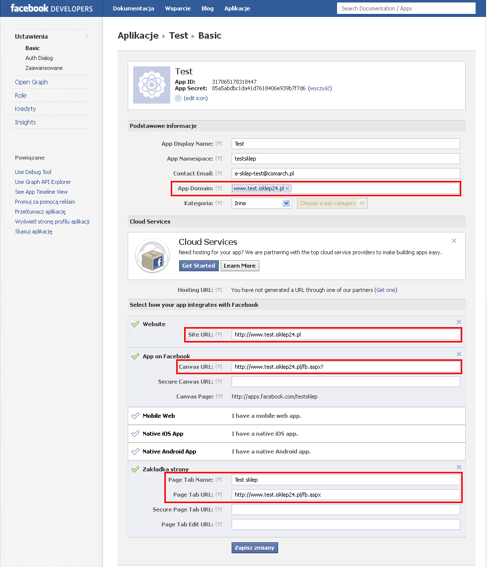 Obszar Podstawowe informacje: Obszar Website: Rys. 576 Facebook, konfiguracja aplikacji. App Domain należy wpisać adres sklepu (np. www.nazwasklepu.